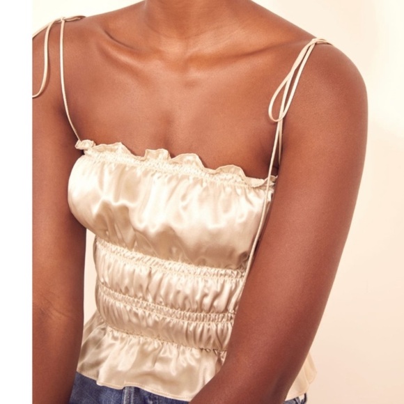 Reformation Silk Shirred Tank top in Cream - Picture 3 of 5